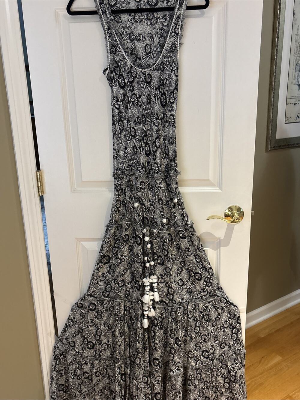 Poupette St Barth Flowy Floral Maxi Dress Black white long pom pom tie XS tiered